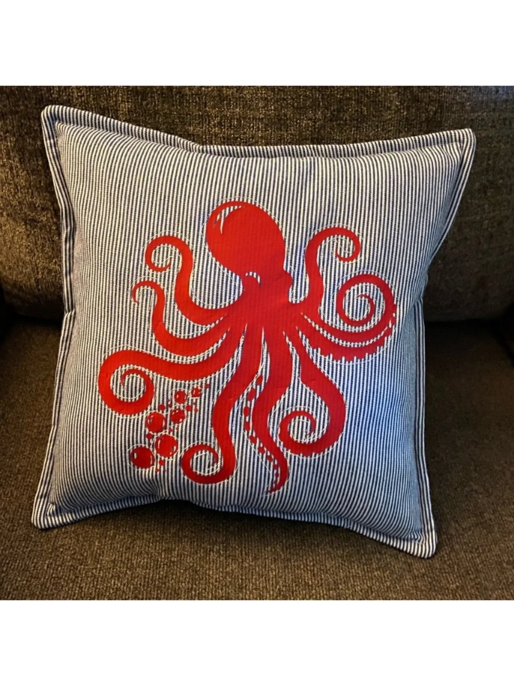 Red Octopus on Blue & White Stripes Nautical Throw Pillow 13x13